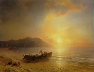 Paesaggio costiero con pescatori arabi che varano una barca al tramonto