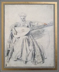 Un suonatore di liuto (disegno a mina di piombo e sanguigna di Jean Antoine Watteau, XVIII secolo)