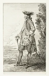 Uomo in piedi con cappello, rivolto a sinistra, da Figures de Modes