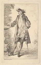 Uomo in piedi con la mano destra appoggiata su un bacino, mostrato in vista di tre quarti, ca. 1710