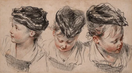 Tre studi di testa di una ragazza con cappello (gesso nero e rosso, grafite, filigrana con lettere)