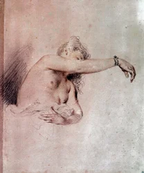 Donna nuda, braccio alzato. Disegno a sanguigna di Jean-Antoine Watteau (1684-1721), XVIII secolo. 0,28 x 0,23 m. Parigi, Musée du Louvre