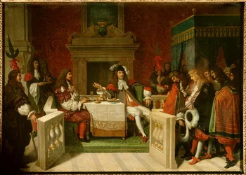 Luigi XIV e Molière: Re Luigi XIV (1638-1715) e Jean Baptiste Poquelin detto Molière (1622-1673) a tavola davanti ai cortigiani