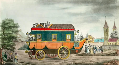 La carrozza (o diligenza) a vapore: invenzione francese del 1835. Incisione di Ange Tissier (1814-1876). 1835. Collezione privata