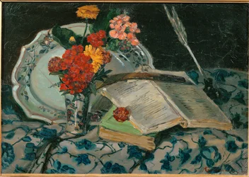 Natura morta: fiori, terracotta, libri (pittura su tela)