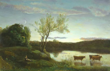 Uno stagno con tre mucche e una falce di luna, ca. 1850