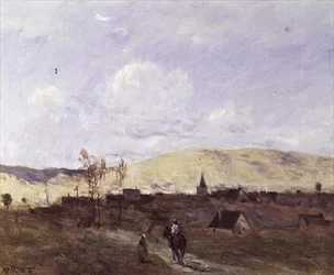 Cavaliere in vista di un villaggio