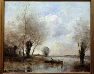 Pesca in barca con i salici. Dipinto di Camille Corot (1796-1875) XIX secolo Reims, Museo delle Belle Arti