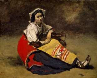"Italienne assise sur le sol" Dipinto di Jean Baptiste (Jean Baptiste) Camille Corot (1796-1875) Zurigo, Collezione privata