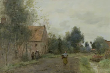 Sin vicino a Douai, strada del villaggio al mattino, tempo grigio, 1872