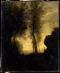 Capra seduta che suona il flauto in una radura. Dipinto di Camille Corot (1796-1875)