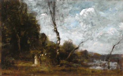 Tre contadine vicino a un bosco