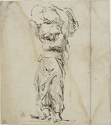 Figura femminile in piedi che trasporta un grande fagotto
