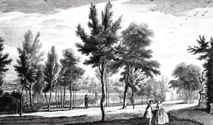 Veduta dei Campi Elisi dalla Fonte di Elicona, Giardini di Stowe House, inciso da George Bickham, 1753