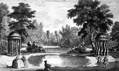 Veduta della Grotta e due templi di conchiglie, Giardini di Stowe House, inciso da George Bickham, 1753