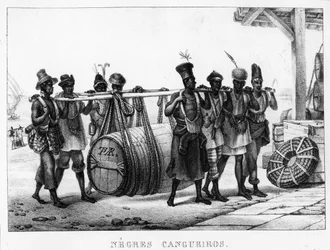 «Cangueiros neri» - Portatori neri trasportano una botte, inciso da Thierry Frères (attivo 1827-45), 1835