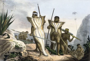 Indiani del Brasile che indossano pelli di animali
