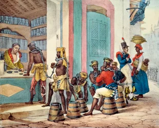 Schiavi ammanettati acquistano tabacco in una tabaccheria di Rio de Janeiro