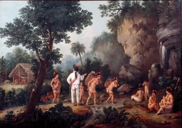 Schiavitù: „caccia agli schiavi“ - famiglie indigene (dal Brasile?) vengono catturate da mercanti di schiavi. Museo di São Paulo, Brasile.