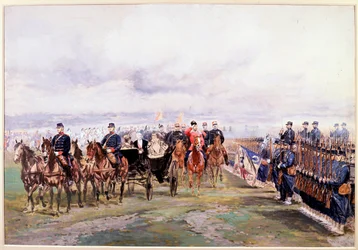 Lo zar Nicola passa in rassegna le truppe con Félix Faure a Châlons-sur-Marne durante la sua visita in Francia, 9 ottobre