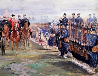 Lo zar Nicola rivede le truppe con Felix Faure a Chalon-sur-Marne durante la sua visita in Francia, 9 ottobre