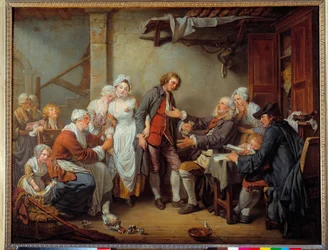 Il villaggio accordato. Il padre della sposa dà la dote al genero. Dipinto di Jean Baptiste Greuze (1725-1805) 1761
