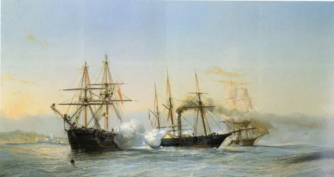 Battaglia navale davanti alla costa marocchina tra due brigantini marocchini e una corvetta a ruota francese in occasione del bombardamento di Mogador da parte della squadra francese nel 1844.