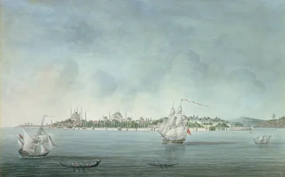 Veduta del Sultano Ahmet e Santa Sofia da Uskudar, a Costantinopoli