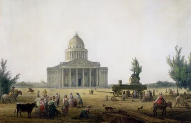 Veduta del Pantheon a Parigi con una carrozza che porta una statua di Jean-Jacques Rousseau, c.1792