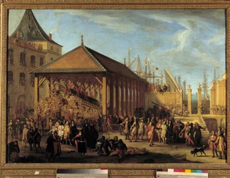 Jean Baptiste (Jean-Baptiste) Colbert (1651-1690) Marchese di Seignelay e Louis Victor (Louis-Victor) de Rochechouart, Duca di Mortemart e Vivonne (1636-1688), generale delle galee e ammiraglio della marina del Levante, in visita alla Galera Reale