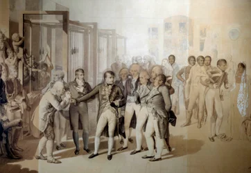 Napoleone Bonaparte (1769-1821), Primo Console, in presenza di Giuseppina di Beauharnais, visita la fabbrica di velluti dei fratelli Sevene a Rouen, novembre 1802