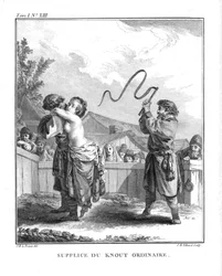 Punizione di Natalia Fëdorovna Lopukhina con un normale knut. Da Voyage en Sibérie, 1766