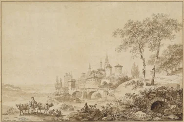 Pastori in un paesaggio davanti a una città fortificata