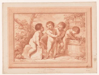 Quattro putti vicino a una botte di vino
