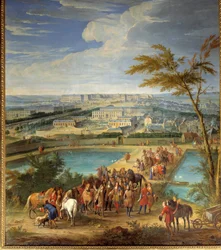 Veduta della città e del castello di Versailles presa dalla collina di Montbauron, Luigi XIV e François Michel le Tellier, Marchese di Louvois visitano i nuovi serbatoi