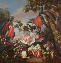 Frutta e uccelli esotici in un paesaggio