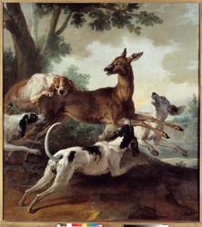 Cervo inseguito dai cani. Scena di caccia. Dipinto di Jean-Baptiste Oudry (1686-1755)