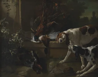 Cani con selvaggina e uccelli selvatici