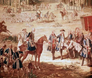 Caccia di Luigi XV Re Luigi XV caccia nella foresta di Compiègne (La caccia di Luigi XV - Arazzo) la partenza del branco Dettaglio - Arazzo di Jean Baptiste Oudry (1686-1755)