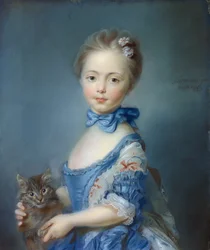 Ritratto della giovane ragazza con il gatto, dipinto a pastello di Jean-Baptiste Perroneau (1715-1783)