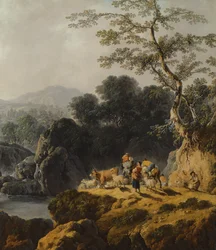 Paesaggio di una valle fluviale con pastori e viaggiatori