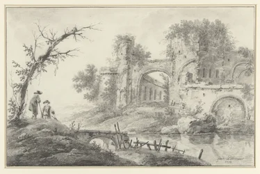 Rovina su un fiume con due contadini