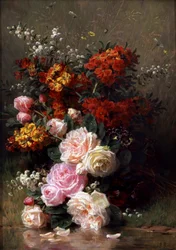 Fiori estivi (tra cui rose e gerani). Dipinto di Jean Baptiste Robie (1821-1910) Collezione privata.