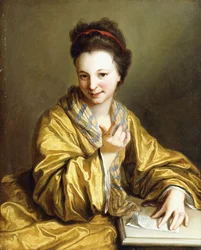 Una giovane donna, che indossa una veste gialla, seduta a un tavolo, che fa cenno, 1703