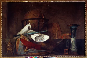 Allegoria della scienza. Natura morta, globo, mappe geografiche, libri e vaso