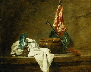 Barbabietole, una Scatola di Spezie, un Panno, una Pentola, un Piatto di Terracotta Smaltata, uno Schiumarola, con Carne su un Gancio, su un Ripiano, 1734