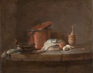 Utensili da cucina con porri, pesce e uova, c. 1734