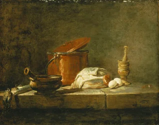 Porri, una Casseruola, una Pentola di Rame con un Coperchio, una Fetta di Pesce, una Cipolla e Due Uova, con un Mortaio e Pestello, 1734