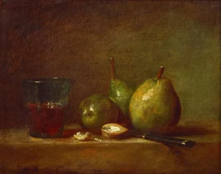 Pere, noci e bicchiere di vino