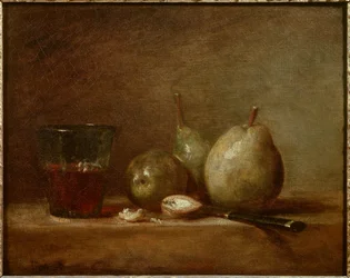 Pere, noci e bicchiere di vino. Natura morta